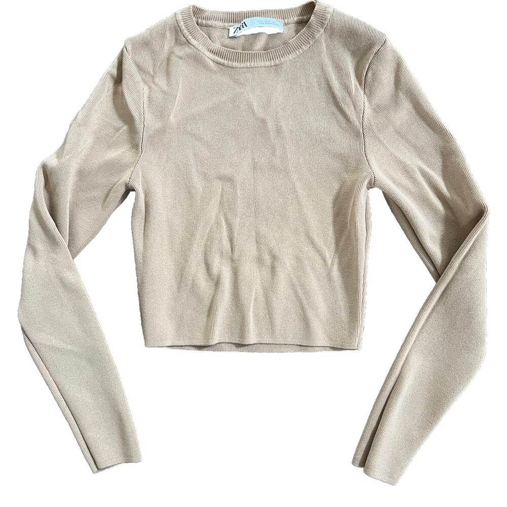 Zara Women's Sweater Beige Stretch Viscose Crop Top M‎ Camel